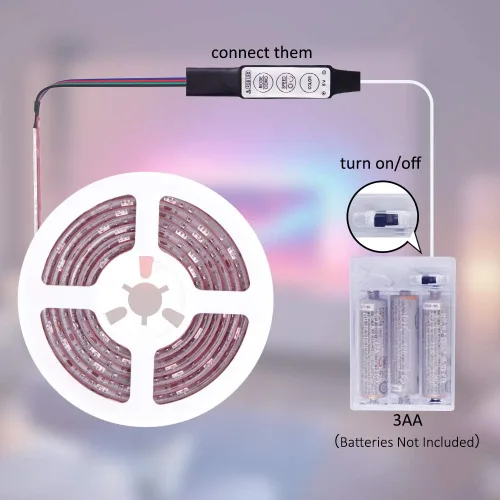 Vista 5 de Tira de luces LED RGB que funcionan con pilas, 3 teclas, controlador de 13.2 pies, cambio de color, luz flexible para PC, TV, espejo, cocina