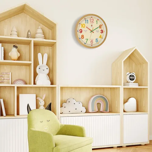 Vista 4 de Foxtop Silent Kids - Reloj de pared de aprendizaje de 12 pulgadas, sin tictac, funciona con pilas, colorido reloj para niños