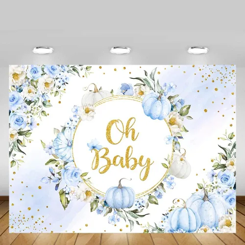 Vista 5 de MEHOFOND Fondo de otoño de 7 x 5 pies con diseño de calabaza Oh Baby en colores pastel, acuarela, azul, floral, recién nacido, baby shower