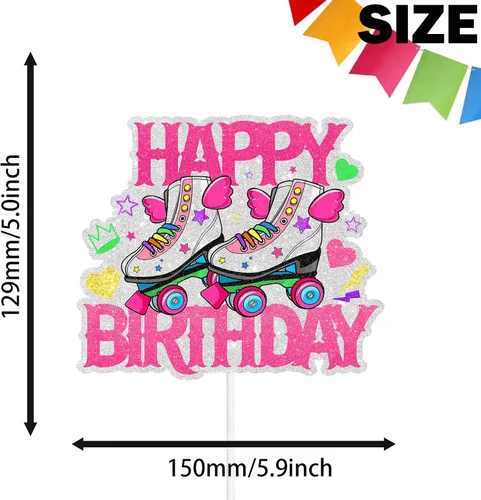 Vista 2 de Skate Happy Birthday Cake Topper Wing Roller Skate - Juego temático de cumpleaños para decoración de pasteles para niños o niñas, decoración retro