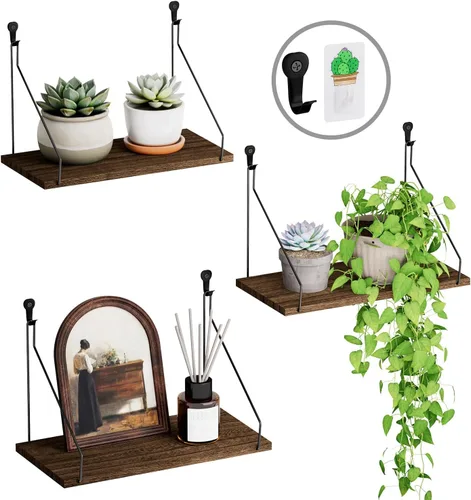 Vista 11 de QsQueen Eleva tu espacio con el juego de 3 estantes flotantes de madera rústica, perfectos para dormitorio, sala de estar, baño y decoración