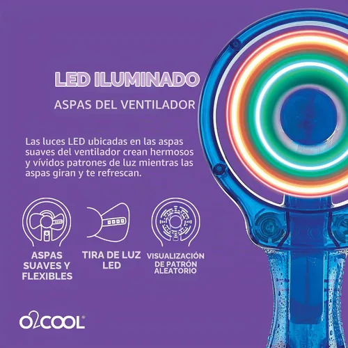Vista 4 de O2COOL Ventilador de nebulización de mano LED Deluxe con batería Raspberry