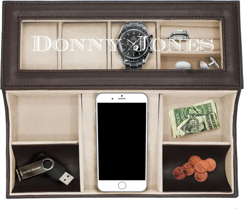 Vista 6 de My Personal Memories, Caja de bandeja de valet de cuero personalizada, organizador de aparador para hombre con monograma personalizado (marrón)