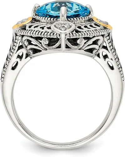 Vista 2 de Solid 925 Sterling Silver with 14k Diamond & Blue Simulated Topaz Ring (4mm)