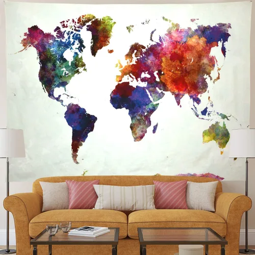 Vista 3 de Ameyahud Tapiz de mapamundi de acuarela, tapiz educativo de geografía, pintura colorida, tapiz del mundo nacional, decoración para colgar