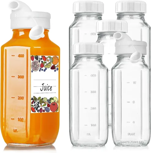 Vista 8 de Syntic - Paquete de 3 botellas de jugo de vidrio de 16 onzas con tapas y 2 boquillas de vertido Clear Reusable Glass with Measurement Marks for