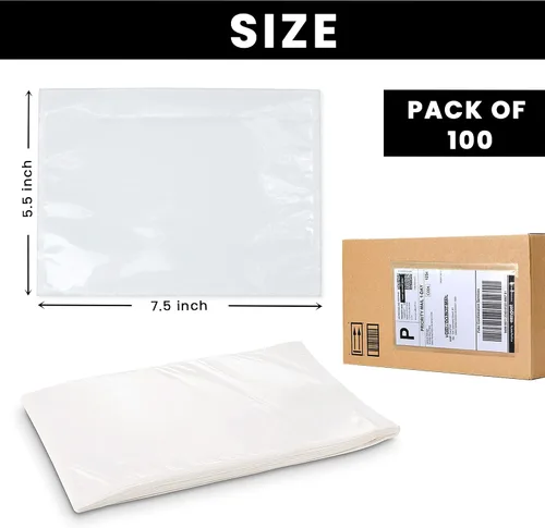 Vista 2 de Fundas para etiquetas de envío, 100 unidades, 7.5 x 5.5 pulgadas, bolsas de sobre de embalaje con autoadhesivo, plástico transparente y sobres