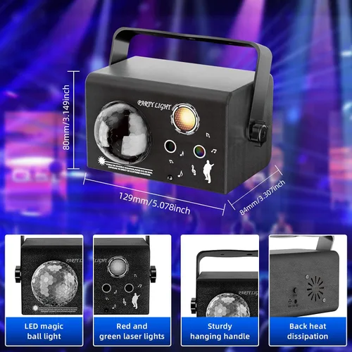 Vista 5 de Luces cuadradas para fiesta, 4 modos de luz de discoteca activada por sonido con control remoto y estroboscópico, luces de escenario de baile