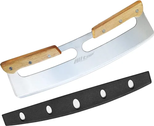 Vista 8 de ALLTOP Cortador de Pizza Basculante, Cuchillo de Hoja de Acero Inoxidable con Doble Mango de Madera y Cubierta de Plástico, Rebanadora/Picadora