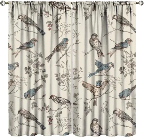 Vista 23 de Cortinas opacas de flores de colibrí, para dormitorio y sala de estar, diseño estético rústico y moderno, juego de 2 paneles, 42 x 45 pulgadas