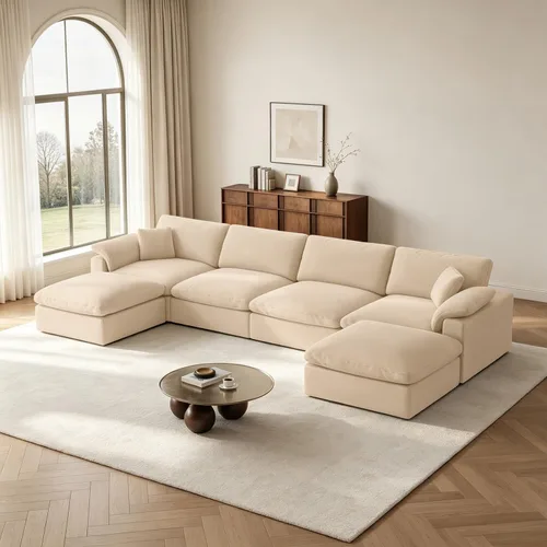 Vista 14 de Sofá modular Cloud para sala de estar, sofás de mezcla de lino en forma de L, modernos sofás de nube de asiento profundo, sofás seccionales Beige