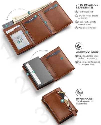 Vista 2 de VULKIT Cartera con bolsillo para monedas, cierre magnético, con ventana de identificación, billetera de cuero para efectivo y tarjetas de crédito