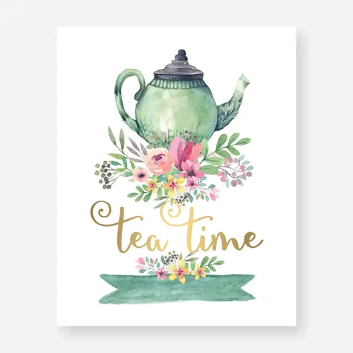 Vista 2 de Eleville 8X10 Tea time - Lámina de oro real y acuarela floral (sin marco), arte de cocina, decoración del hogar, arte motivacional, impresión