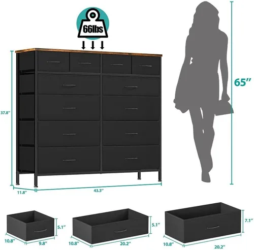 Vista 3 de VASICAR Cómoda grande para dormitorio con 12 cajones profundos, cómoda de tela alta, cómoda para armario, guardería, sala de estar, lavandería Negro