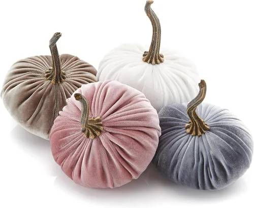 Vista 35 de Juego de 4 pequeñas calabazas de franela de terciopelo y algodón, decoración a cuadros de búfalo blanco y negro, estantes de calabaza negra