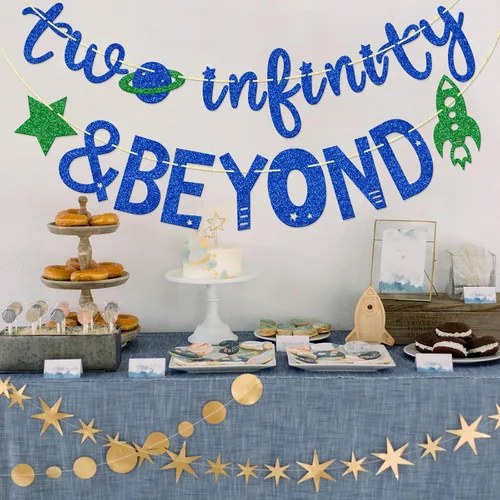 Vista 4 de Infinity and Beyond - Cartel de segundo cumpleaños – Decoración de fiesta temática espacial (azul) 2 Years Old Space Themed Birthday Banner, 2nd