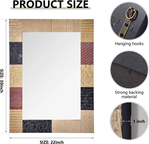 Vista 2 de Espejo de pared de madera rústica, espejo de tocador de baño tallado Negro y rojo
