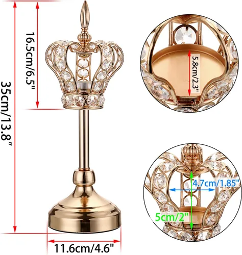 Vista 3 de OwnMy 2 portavelas de corona de cristal, portavelas de metal, candelabros votivos de cristal dorado, elegante portavelas para mesa de comedor, 14