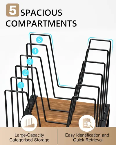 Vista 4 de HULISEN Organizador de archivos de escritorio inclinado, soporte vertical para carpetas de archivos de 5 secciones, estante clasificador de archivos