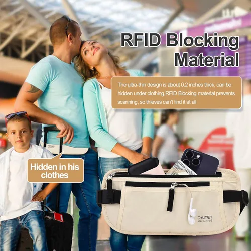 Vista 38 de DAITET Cinturón de dinero, soporte para pasaporte, cartera de viaje oculta segura con bloqueo RFID, riñonera encubierta (negro), Negro, Rfid