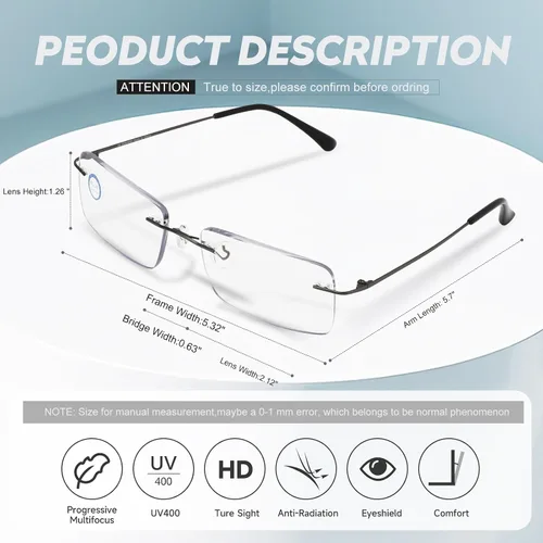Vista 7 de SKYOAK Paquete de 2 Gafas de Lectura Ejecutivas Progresivas Multifoco Sin Marco para Hombres, Lectores de Computadora Sin Montura de Metal