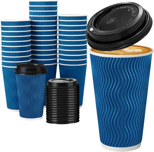 Vista 12 de Tazas de café desechables de 12 onzas con tapas, tazas de papel de café con tapas para llevar, tazas calientes aisladas para bebidas calientes