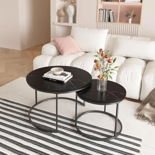 Vista 15 de Mesa auxiliar redonda pequeña, moderna mesa auxiliar anidable de madera para sala de estar, sin montaje, color beige S1-beige
