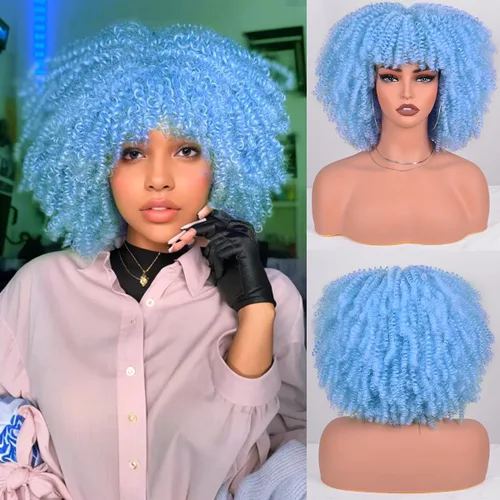 Vista 43 de Vitorish Peluca corta afro rizada con flequillo para mujeres negras, peluca sintética resistente al calor, color negro natural, para uso diario