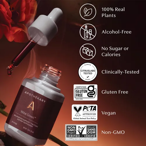 Vista 8 de Apothékary Wine Down, apoyo natural para dormir y relajarse, gotas líquidas herbales inspiradas en vino tinto sin alcohol, contiene verbena azul