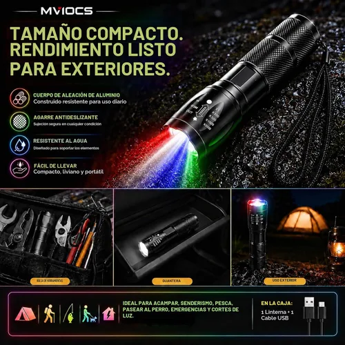 Vista 7 de Linterna recargable roja 4 en 1, linterna LED multicolor (blanco/rojo/azul/verde) con 4 modos, linterna con zoom de alto lúmenes para camping