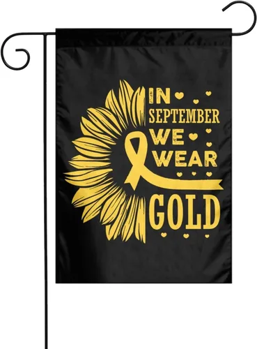 Vista 2 de Mes de concientización sobre el cáncer infantil en septiembre We Wear Gold Flag Banderas de jardín de doble cara, pancarta de bienvenida para boda