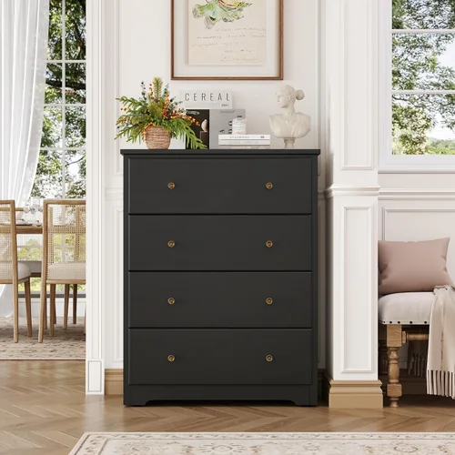 Vista 2 de HOUSUIT - Cómoda negra con 4 cajones, cómoda de 29 pulgadas de ancho, cómoda de madera
