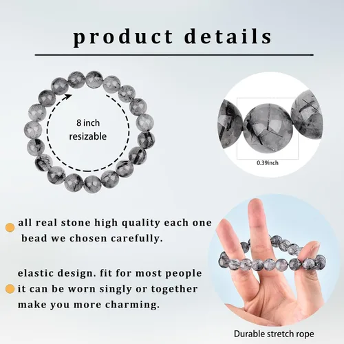 Vista 2 de ZPMMPZ Pulsera de turmalina para hombres y mujeres, 19 cuentas de piedra natural, pulsera de cristal de turmalina, regalos para aliviar el estrés