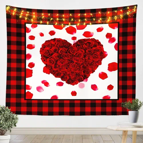 Vista 8 de Tapiz femenino de flores de rosas rojas, tapiz de pared para el día de San Valentín, decoración de habitación de niñas y mujeres, diseño de retazos