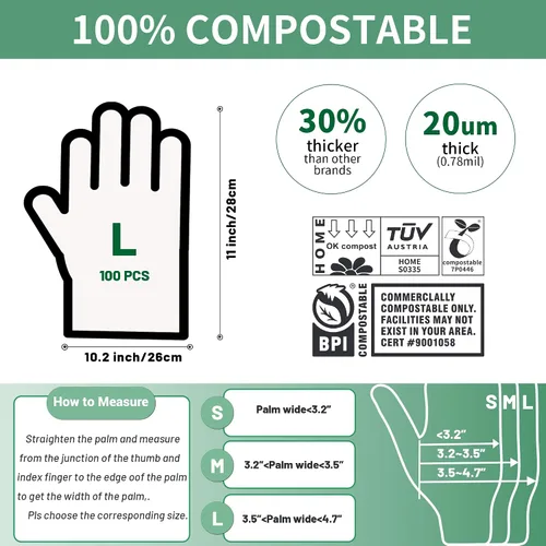 Vista 5 de Guantes desechables compostables de compost Guantes grandes de comida para limpiar cocinar, lavar platos, certificado BPI, 100 unidades, color blanco