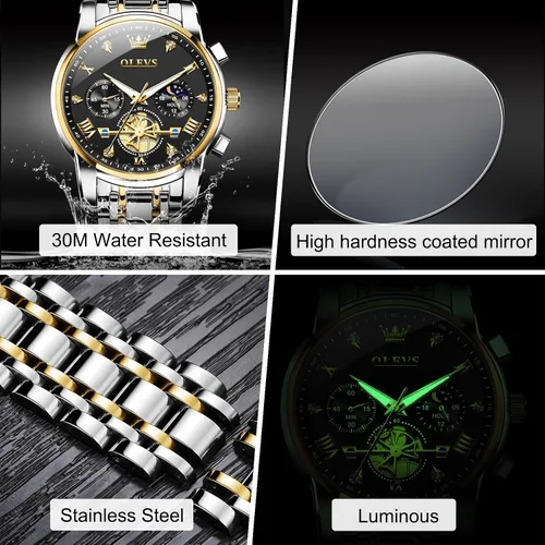 Vista 4 de OLEVS Relojes para hombre de acero inoxidable con cronógrafo, reloj de pulsera grande analógico de cuarzo, relojes de vestir impermeables de moda