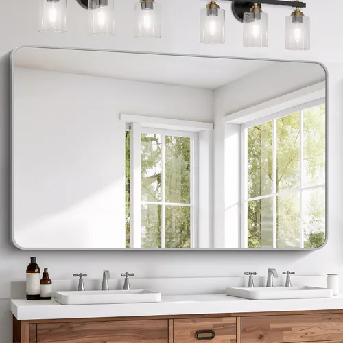 Vista 10 de FORBATH - Espejo de baño negro para sobre lavabo, espejo de pared de 16x24 pulgadas con marco de metal, esquinas redondeadas para baño, dormitorio