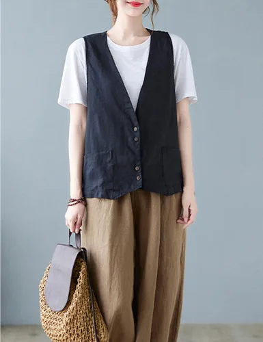 Vista 3 de Bozanly Chaleco sin mangas con botones para mujer, estilo casual, cuello en V, de lino y algodón, con bolsillos