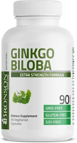 Vista 5 de Bronson Ginkgo Biloba Extra Strength Apoya la función cerebral y la memoria, 90 cápsulas vegetarianas Vegetariano, sin OMG, sin gluten, sin soja