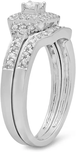 Vista 2 de Dazzlingrock Collection Anillo de compromiso de novia de oro de 14 quilates con diamantes redondos y princesa de 0,55 quilates con banda de 12 CT