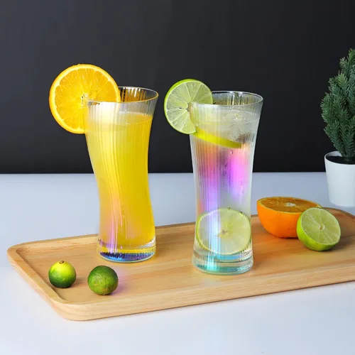 Vista 6 de Joeyan Vasos de cóctel de jugo de agua, cristalería estilo origami, vaso alto ondulado, moderno vaso de vidrio acanalado para té helado, café
