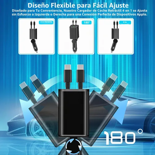Vista 5 de Apple MFi Certified Retractable Car Charger USB C, 120W Car Phone Charger Braveridge 4 in 1 PD/QC3.0 Type C Fast Car Charging Cigarette Lighter