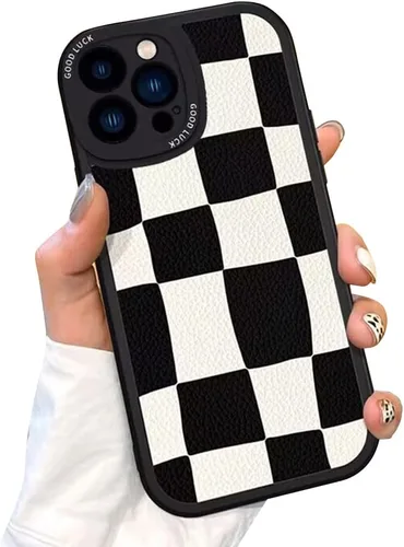Vista 6 de Casechics Funda compatible con iPhone, diseño estético retro clásico a cuadros, tablero de ajedrez a cuadros, protección de lente de la cámara Negro