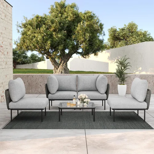 Vista 18 de LayinSun Juego de muebles de patio de aluminio de 7 piezas, sofá modular moderno con mesa auxiliar y cojín de grosor mejorado Gris claro