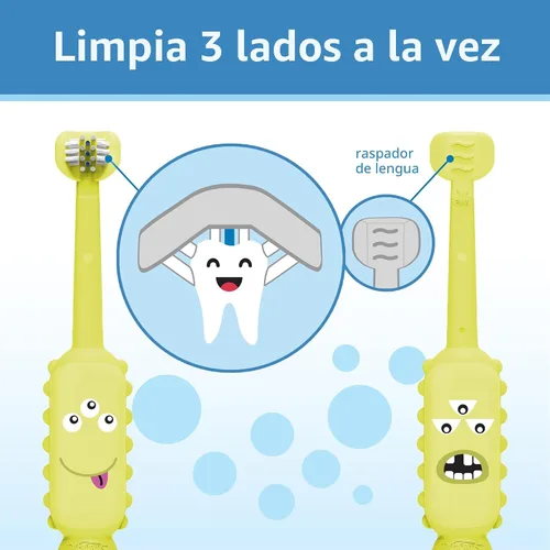 Vista 3 de Dr. Brown's ToothScrubber Cepillo de dientes para niños pequeños, cepillo de dientes de entrenamiento de triple cara con base de ventosa, monstruo