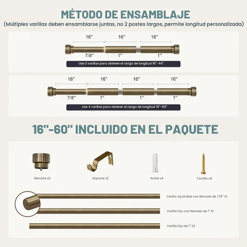 Vista 9 de Lootkell Barras de cortina de bronce antiguo para ventanas de 28 a 48 pulgadas, longitud ajustable, resistente, 1 pulgada de diámetro, con remates