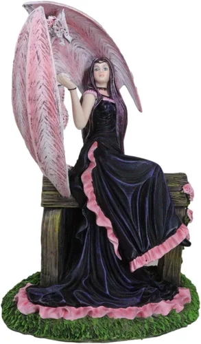 Vista 6 de Ebros Gift Fantasy Myths and Legends - Elegante dragón Wyvern rosa con hada rosa en vestido negro, damisela sentada en banco de madera, figura