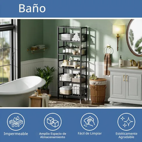 Vista 4 de HITNET Estantería de bambú, estantería abierta de 6 niveles con estantes ajustables, estante de almacenamiento de pie para sala de estar, baño, Negro