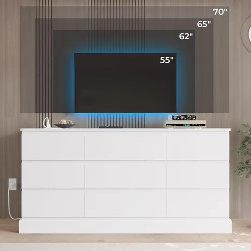 Vista 11 de Hasuit Cómoda Blanca Moderna para Dormitorio con 9 Cajones, Cómodas de 61.4" de Ancho Cajonera con Almacenamiento de Gran Capacidad, Cómoda Larga