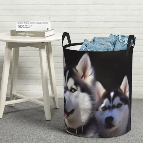 Vista 6 de Cesta de lavandería para perro Husky impermeable, cesta de ropa sucia, plegable, con asas, cesta de lavandería independiente para baño, dormitorio